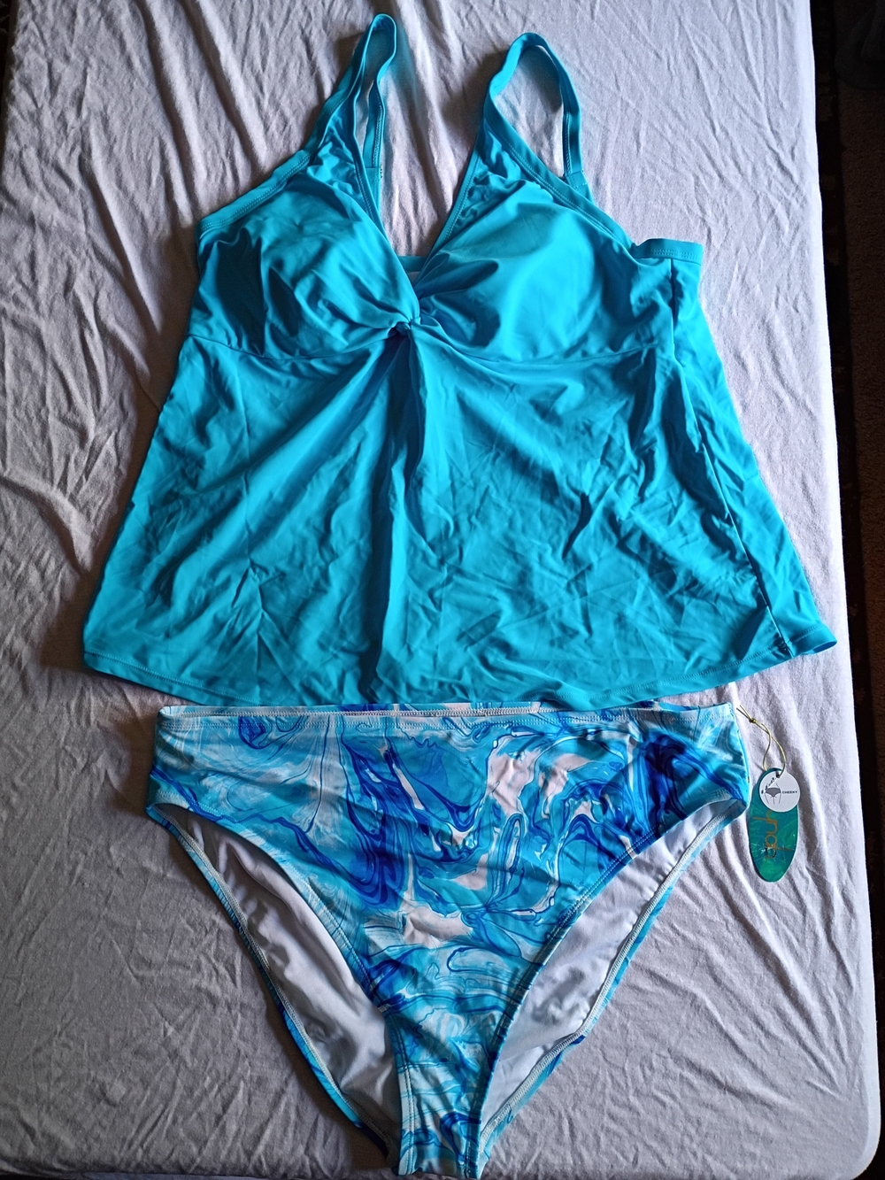 2X Aqua Blue Tankini Set with Marble Print Bottoms